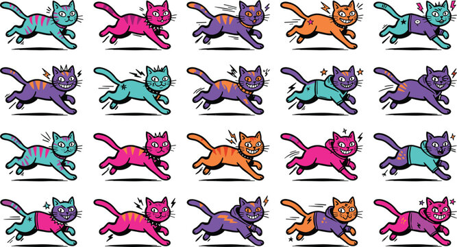 Funky neon retro cat sticker pattern set with colorful punk gothic kittens running screaming crying laughing vector illustration on white background