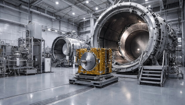 Artificial satellite standing next to large thermal vacuum chambers in a cleanroom with vacuum chamber space technology aerospace engineering satellite testing scientific research facility