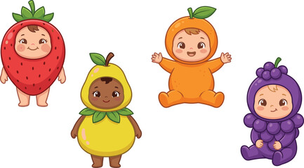 Fototapeta premium Cute multicultural babies wearing fruit costumes including strawberry pear orange and grape vector cartoon characters set isolated on white background