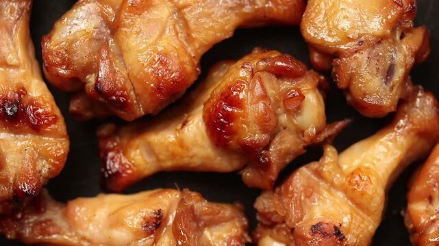 Grilled chicken drumettes arranged in a row, slowly rotating on a black background. Top view shot