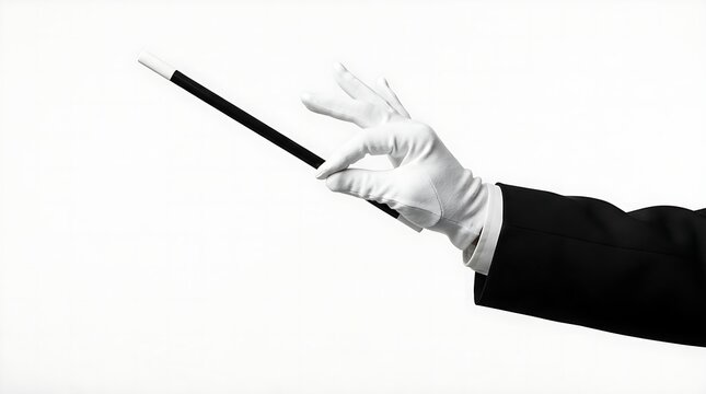 A magician hand wearing a white glove holding a black magic wand for a performance or an illusion show trick