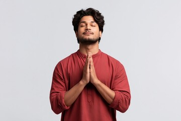 Obraz premium Young man with eyes closed and hands pressed together in a peaceful meditative prayer gesture