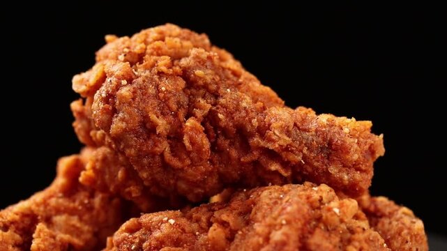 Pile of crispy spicy fried chicken drumettes  slowly rotating on a black background.