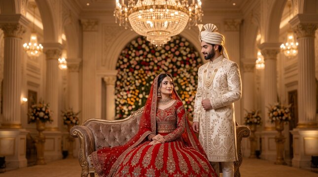 Pakistani Bride and Groom on Decorated Baraat Wedding Stage