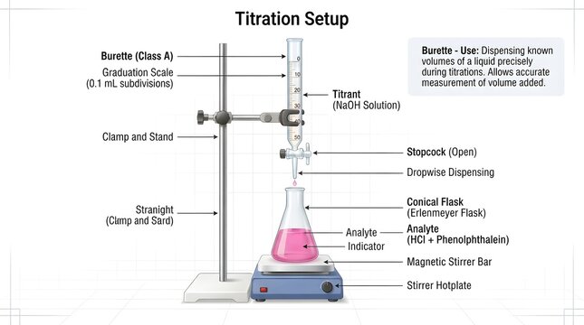 Titration setup diagram showing burette with stopcock, clamp stand, conical flask, analyte solution, indicator color change, magnetic stirrer, and precise acid base analysis in chemistry laboratory.!!
