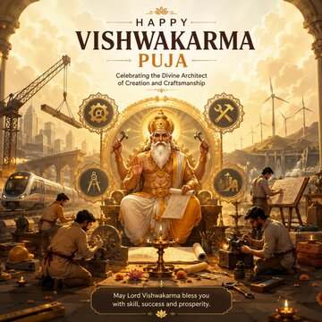 Happy vishwakarma puja concept featuring divine architect and working artisans