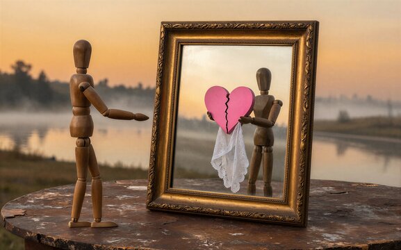 Wooden figure holds broken heart mirror, reflecting sorrow at dusk by water.