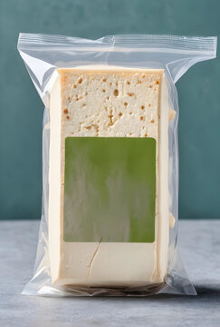 Plant based protein and vegan diet, block of firm tofu in vacuum sealed plastic packaging with blank green label for branding on a textured surface