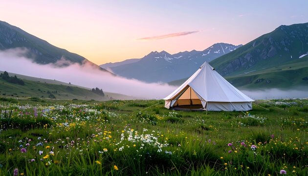 White glamping bell tent in an alpine wildflower meadow with mist and mountains at dawn