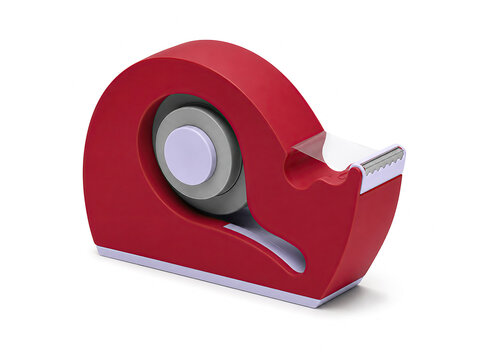 An invented tape dispenser formed from a thick curved tangent arc that supports a hidden tape roll and a scalloped cutting edge. isolated on white background.