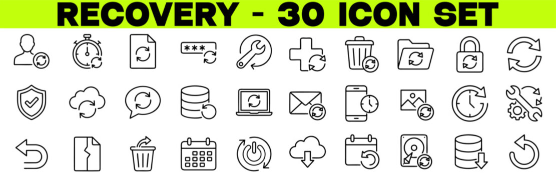 Recovery Icon Set &ndash; Editable Stroke Vector Line Icons for Restore, Backup, Refresh and Data Recovery