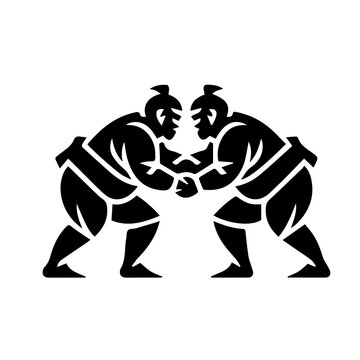 Vector silhouette of two traditional sumo wrestlers competing in a powerful match, capturing Japanese culture, strength, balance, and dynamic motions.