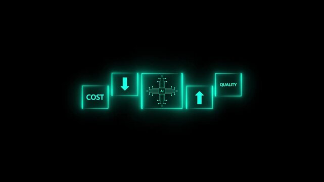 A conceptual illustrating the benefits of AI with a central glowing turquoise neon AI chip symbol, flanked by boxes showing a downward arrow next to COST and an upward arrow next to QUALI