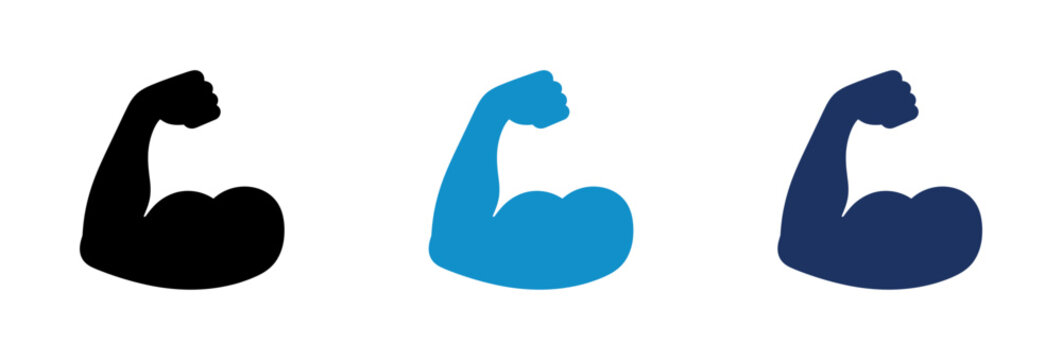 Strong muscular arm biceps flex icon set in black and blue colors.