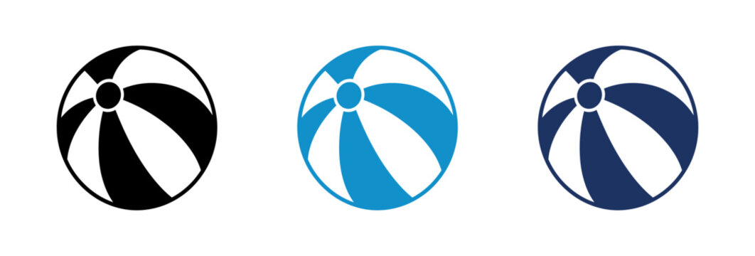 Set of three beach ball icons in black light blue and dark blue colors.