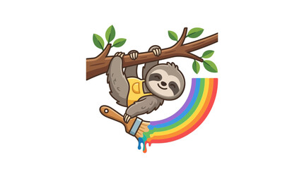 Fototapeta premium Cute sloth on tree branch painting a vibrant rainbow