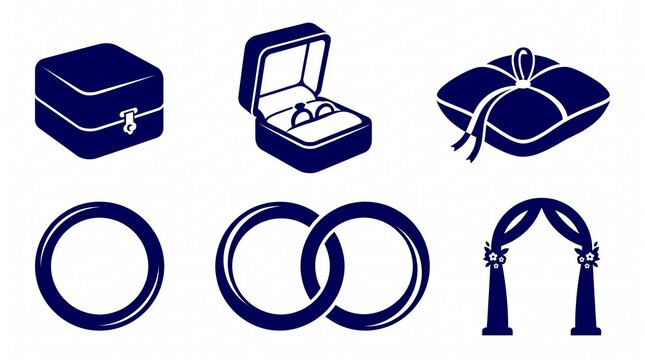 Wedding jewelry icon set, navy blue bridal rings and velvet box illustrations, elegant marriage ceremony elements for invitations