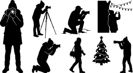 Fototapeta premium Set of photographer silhouettes in winter clothes vector illustration