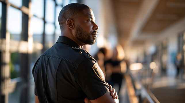 Rear view of a confident Black security officer in uniform standing watch in a bright school hallway cropped composition with face out of frame building supervision concept safety and