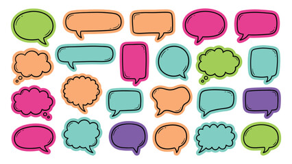 Naklejka premium Colorful hand drawn speech bubble collection with assorted comic dialogue shapes, chat icons and playful communication symbols isolated on white background