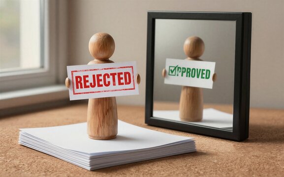 Wooden figure holds REJECTED sign; mirror shows approved version behind stack of papers.