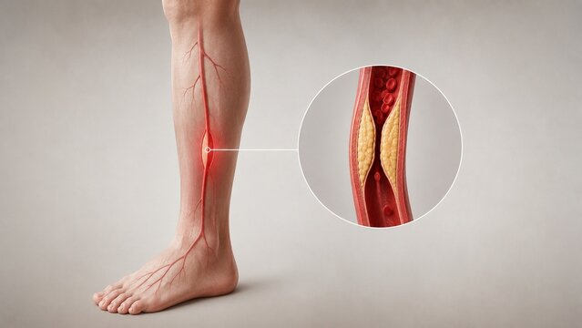 3D Medical Illustration of Peripheral Artery Disease in the Human Leg Showing Plaque Buildup and Restricted Blood Flow
