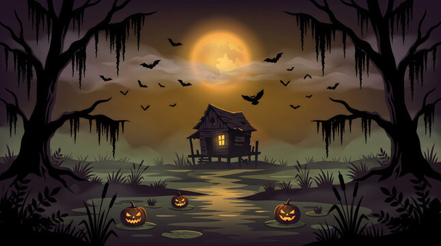 Spooky halloween swamp landscape with a haunted house full moon bats carved jack o lanterns carved pumpkins jack o lantern spooky night bats flying creepy cabin pixel art