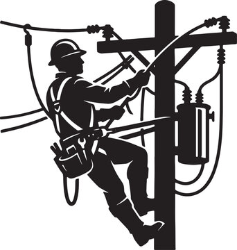 Electrician Lineman Climbing Utility Power Pole Silhouette Vector Illustration