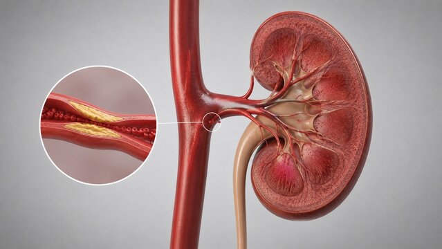 3D Medical Illustration of Kidney Renal Artery Stenosis Showing Plaque Buildup and Atherosclerosis Anatomy