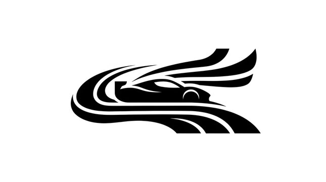 Abstract black and white sports car logo depicting speed and motion