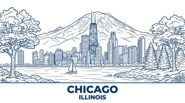 This illustration showcases the iconic Chicago skyline against a majestic mountain backdrop, blending urban and natural beauty into a stunning visual narrative.