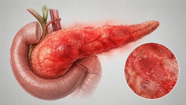Detailed 3D Medical Illustration of Inflamed Pancreas and Duodenum Showing Tissue Pathology