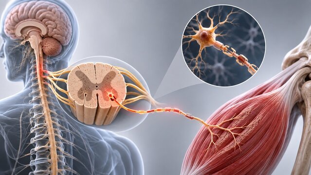 Human Nervous System Anatomy: Brain, Spinal Cord, and Motor Neuron Connection with Demyelination Disease Illustration