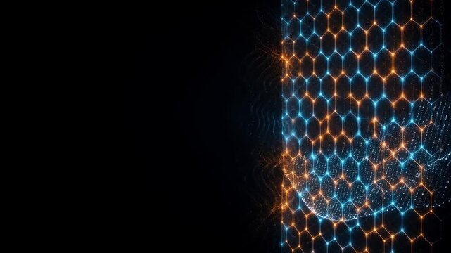 Abstract digital firewall barrier with glowing hexagonal grid cells and dark minimalist copy space on left for cyber protection