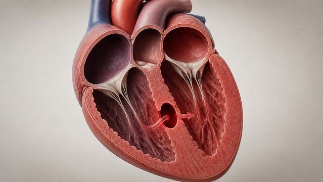 Detailed 3D Medical Illustration of a Ventricular Septal Defect VSD showing Heart Chamber Anatomy and Blood Flow