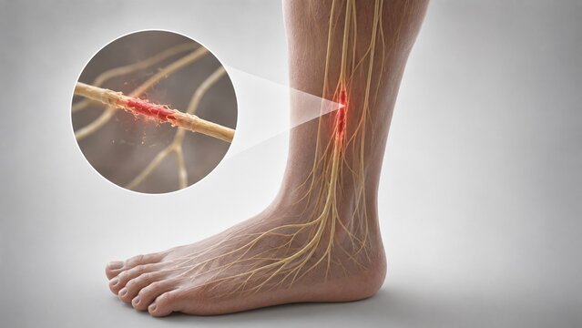 Medical Illustration of Nerve Damage in the Human Foot and Ankle Highlighting Peripheral Neuropathy and Inflammation