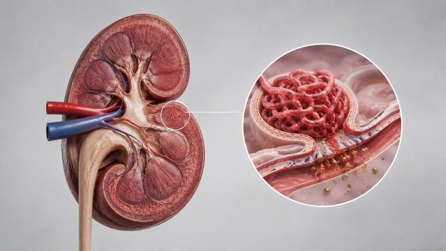 3D Medical Illustration of Human Kidney Cross-Section with Magnified View of Glomerulus Filtration Structure