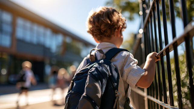 Rear view of a primary school boy walking along a path in front of a bright school building near a security fence cropped composition with face out of frame daylight exterior campus