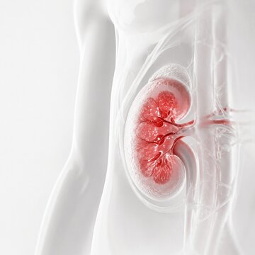 Detailed 3D Medical Illustration of Human Kidney Anatomy and Renal Function within a Transparent Body