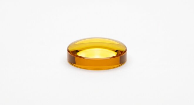 Zinc selenide focusing lens for high-power fiber laser cutting head. Coated meniscus optical element with yellow anti-reflection finish for photonics equipment. Isolated on white background.