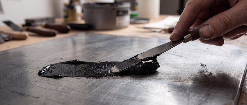 Human hand using palette knife to spread black thick ink on metallic surface for preparing intaglio or lithography printmaking process