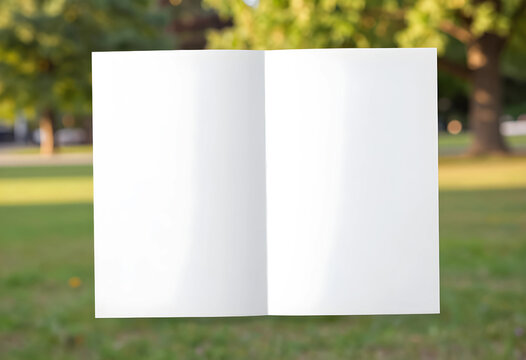 Branding mockup and marketing design, blank open brochure or flyer template for corporate communication and creative advertising layout in outdoor park