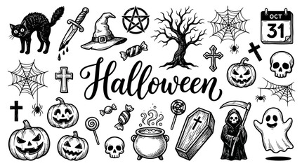 Fototapeta premium Halloween holiday doodle set featuring black cat pumpkin skull ghost witch hat cauldron and spider web hand drawn icons