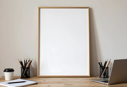 Branding and design mockup, empty vertical picture frame on wooden desk with laptop and stationery for creative workspace presentation and art display
