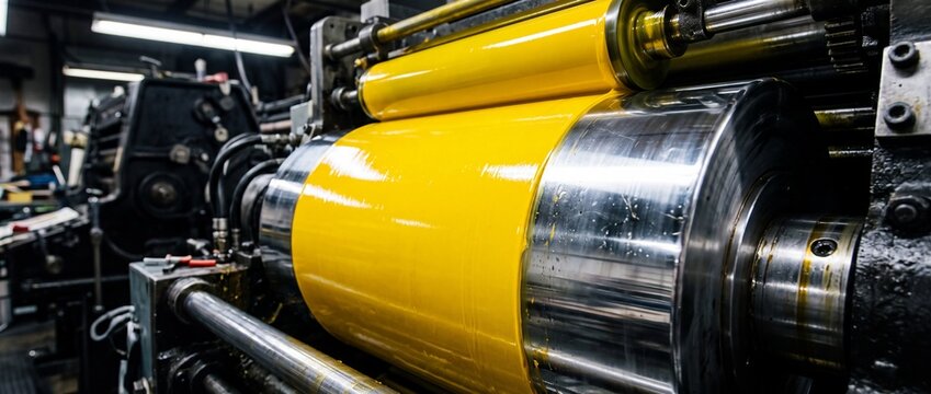 Industrial offset printing press machine with bright yellow ink rollers used for professional high volume commercial paper production