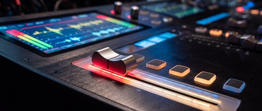 Close up of digital audio mixing console showing glowing red fader track with waveform visualization on display screen for music studio