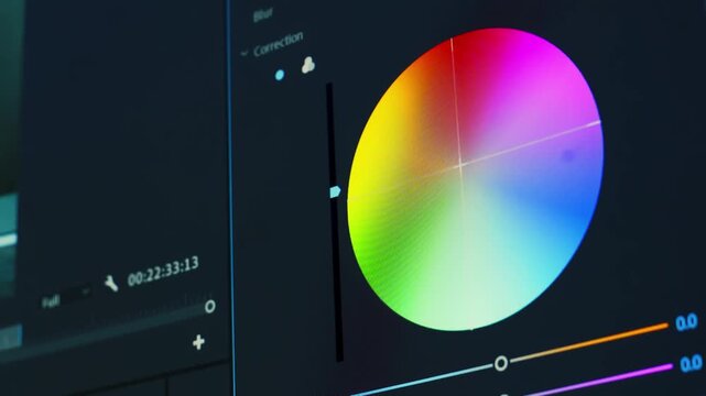 Close-up view of a professional video editing workflow on a computer monitor. The editor works with video footage, timeline editing, cutting, color correction and color grading.