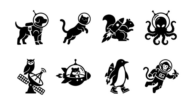 Whimsical Space Animals Vector Icons Set, Cute Sci-Fi Creatures Collection, Playful Cosmic Characters Graphics, Retro Futurism Style