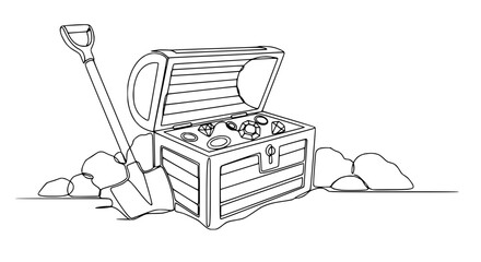Treasure Chest with Gems and Shovel, Line Art Isolated © Baba