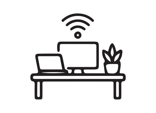 Home office setup with computer laptop and plant flat icon on white background